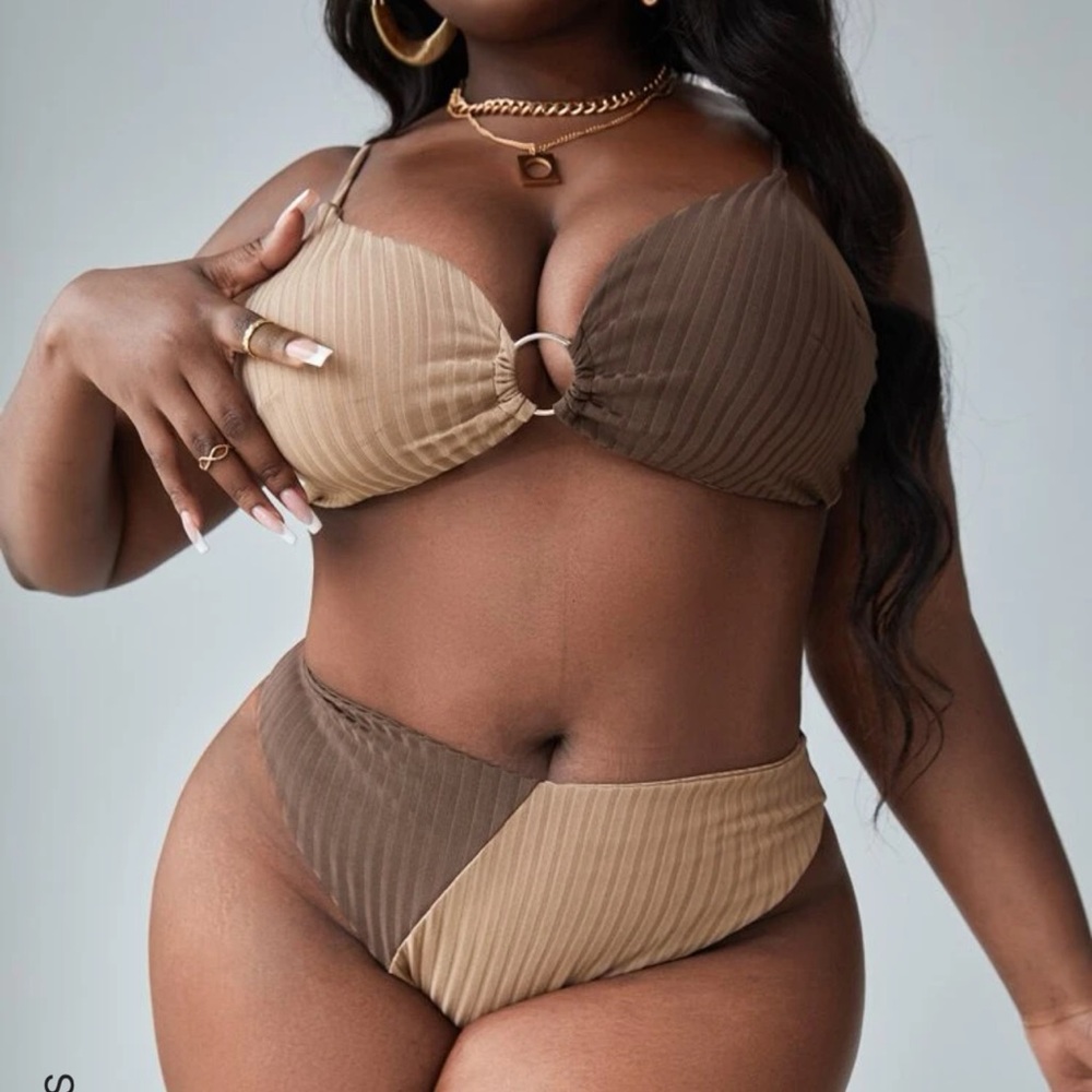 New Plus Two Tone Ring Detail Rib-knit High Waist Bikini Swimsuit